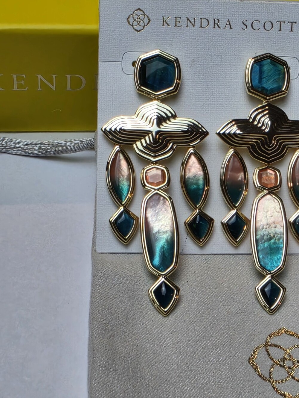 Kendra Scott Monica Statement Earrings Gold Teal Mix Geometric Chandelier NEW - Picture 5 of 8